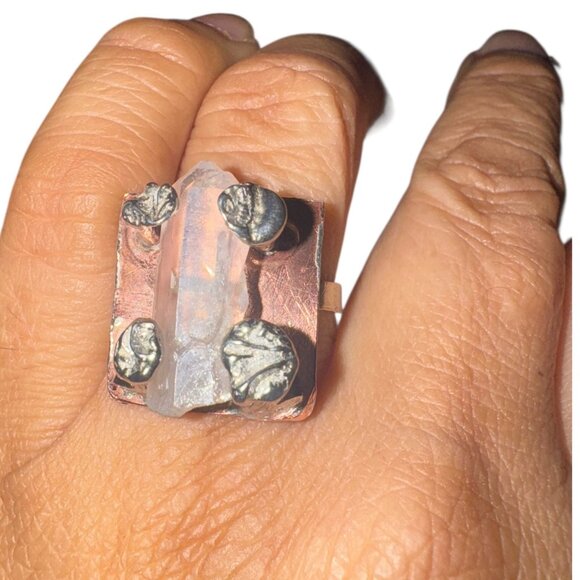 Raw Crystal Statement Ring Upcycled From Copper Baking Dish & Silver Spoon 7.75 - Picture 4 of 13